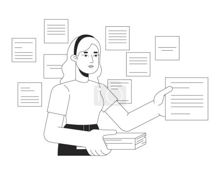 Illustration for Woman with notes bw concept vector spot illustration. Reminders. Remember everything 2D cartoon flat line monochromatic character for web UI design. Editable isolated outline hero image - Royalty Free Image