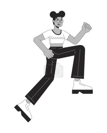 Ilustración de Chica afroamericana feliz corriendo línea plana negro blanco vector de carácter. Lograr objetivos. Esquema editable persona de cuerpo completo. Ilustración puntual aislada de dibujos animados simples para diseño gráfico web - Imagen libre de derechos