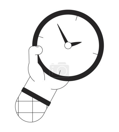 Illustration for Holding clock for checking time bw concept vector spot illustration. Showing time 2D cartoon flat line monochromatic hand for web UI design. Editable isolated outline hero image - Royalty Free Image