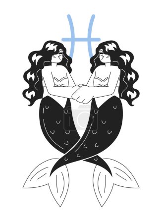 Illustration for Pisces zodiac sign monochrome concept vector spot illustration. Mermaid tails entwining. Hugging. 2D flat bw cartoon characters for web UI design. Astrology isolated editable hand drawn hero image - Royalty Free Image