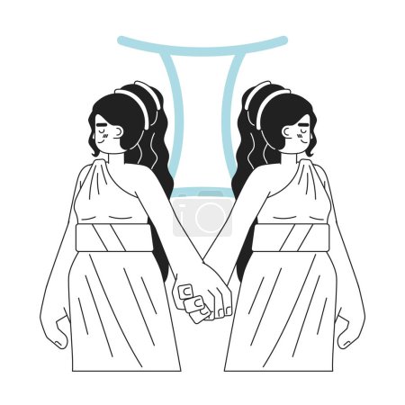 Illustration for Gemini zodiac sign monochrome concept vector spot illustration. Women twins holding hands 2D flat bw cartoon character for web UI design. Astrology isolated editable hand drawn hero image - Royalty Free Image