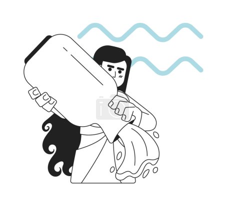 Illustration for Aquarius zodiac sign monochrome concept vector spot illustration. Girl holding amphora and pours water 2D flat bw cartoon character for web UI design. Astrology isolated editable hand drawn hero image - Royalty Free Image