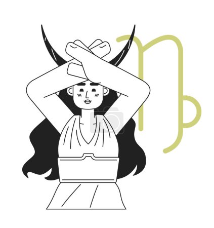 Illustration for Capricorn zodiac sign monochrome concept vector spot illustration. Girl with horns crossing palms 2D flat bw cartoon character for web UI design. Astrology isolated editable hand drawn hero image - Royalty Free Image