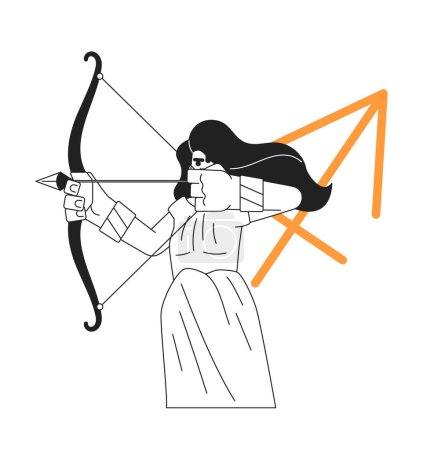 Illustration for Sagittarius zodiac sign monochrome concept vector spot illustration. Woman holding bow, pulling arrow 2D flat bw cartoon character for web UI design. Astrology isolated editable hand drawn hero image - Royalty Free Image