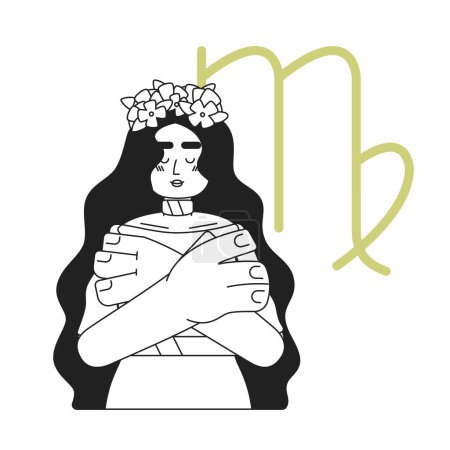 Illustration for Virgo zodiac sign monochrome concept vector spot illustration. Woman in wreath hugging shoulders 2D flat bw cartoon character for web UI design. Astrology isolated editable hand drawn hero image - Royalty Free Image