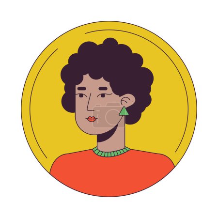Téléchargez les illustrations : Femme afro aux cheveux foncés couleur plate icône avatar dessin animé. Cheveux bouclés. Joli visage. Illustration linéaire de portrait d'utilisateur 2D modifiable. Clipart de profil vectoriel isolé. Userpic, tête et épaules de personne - en licence libre de droit