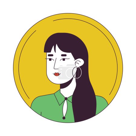 Téléchargez les illustrations : Brunette asiatique femme plat couleur dessin animé avatar icône. Cheveux longs. Joli visage. Illustration linéaire de portrait d'utilisateur 2D modifiable. Clipart de profil vectoriel isolé. Userpic, tête et épaules de personne - en licence libre de droit