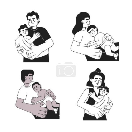 Ilustración de Parenthood monocromo concepto vector spot ilustraciones conjunto. Padres cuidando bebés. Niños pequeños 2D plana bw personajes de dibujos animados para el diseño de interfaz de usuario web. Paquete de imágenes de héroe dibujado a mano editable aislado - Imagen libre de derechos