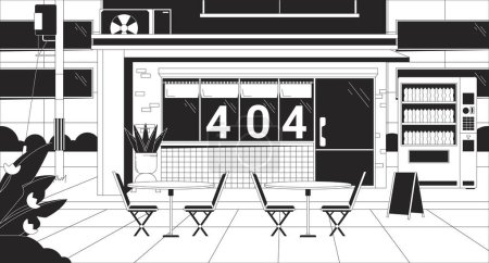 Illustration for Urban storefront at night black white error 404 flash message. Exterior store, automat. Monochrome landing page ui design. Not found cartoon image, dreamy vibes. Vector flat outline illustration - Royalty Free Image