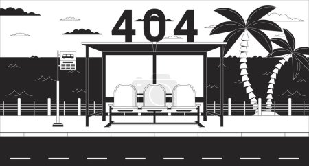 Illustration for Bus stop bench on twilight waterfront black white error 404 flash message. Waiting bus. Monochrome landing page ui design. Not found cartoon image, dreamy vibes. Vector flat outline illustration - Royalty Free Image