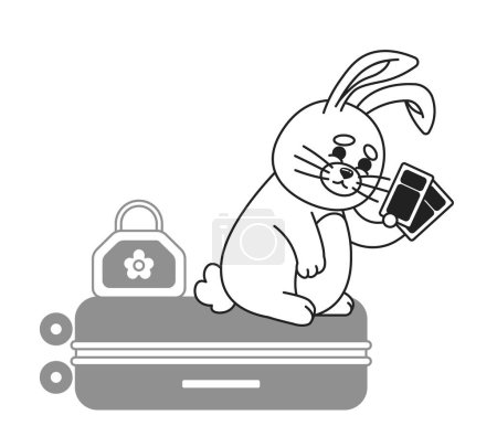Ilustración de Lindo conejo viajero sentado en el equipaje monocromático personaje vector plano. Conejo turístico con entradas. Personaje de cuerpo completo de línea delgada editable en blanco. Simple imagen spot de dibujos animados bw para el diseño web - Imagen libre de derechos