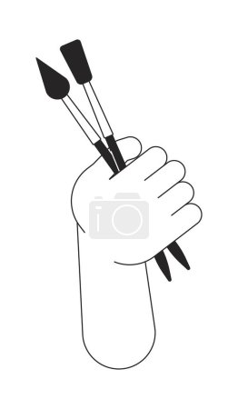 Illustration for Painting brush in hand flat monochrome isolated vector hand. Creative hobby equipment. Painting tools. Editable black and white line art drawing. Simple outline spot illustration for web design - Royalty Free Image