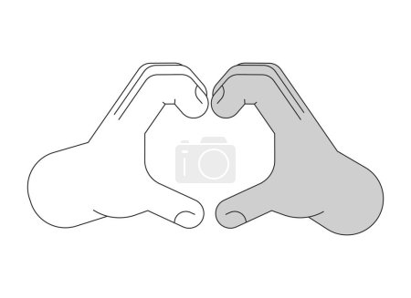 Illustration for Heart shape flat monochrome isolated vector hands. Love gesture. Multinational hands. Editable black and white line art drawing. Simple outline spot illustration for web graphic design - Royalty Free Image