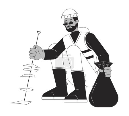 Ilustración de Hombre recogiendo basura plana línea negro blanco vector carácter. Una bolsa de basura. Esquema editable persona de cuerpo completo. Ilustración puntual aislada de dibujos animados simples para diseño gráfico web - Imagen libre de derechos