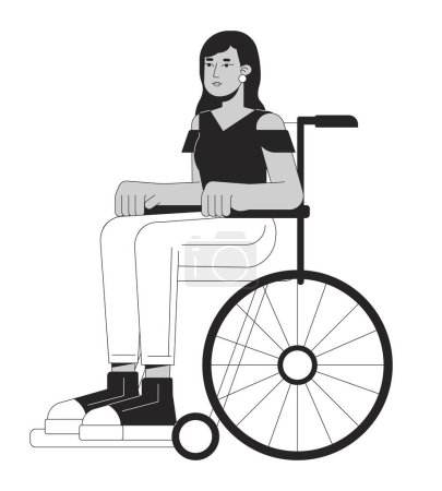 Téléchargez les illustrations : Jolie fille en fauteuil roulant ligne plate noir blanc personnage vecteur. Inclusivité. Membre de la communauté. Plan modifiable personne de corps entier. Illustration de spot isolé de dessin animé simple pour la conception graphique web - en licence libre de droit