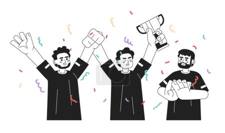 Illustration for Men celebrating victory monochrome concept vector spot illustration. Winning. Teammates with cup. Party with confetti 2D bw cartoon characters for web design. Isolated editable hand drawn hero image - Royalty Free Image