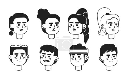 Illustration for Sporty people monochrome flat linear character heads bundle. Multinational men and women. Editable outline people icons. Line users faces. 2D cartoon spot vector avatar illustration pack for animation - Royalty Free Image