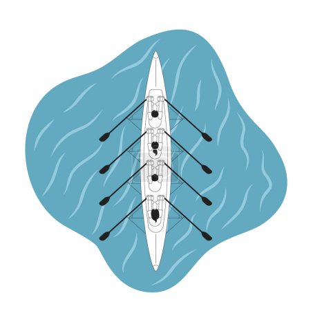 Illustration for Kayaking team sport monochrome concept vector spot illustration. Top view of four oarsmen on sea. Championship 2D flat bw cartoon characters for web UI design. Isolated editable hand drawn hero image - Royalty Free Image