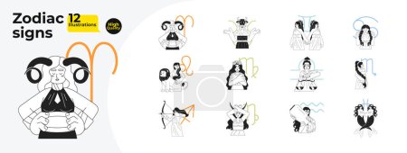 Illustration for Zodiac signs monochrome concept vector spot illustrations bundle. Woman horoscope symbols 2D flat bw cartoon characters for web UI design. Astrology isolated editable hand drawn hero images collection - Royalty Free Image