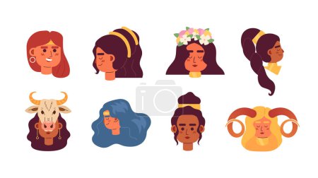 Illustration for Mysterious women semi flat colour vector character heads pack. Multinational faces. Colorful avatar icons. Editable cartoon style emotions. Simple spot illustration bundle for web graphic design - Royalty Free Image