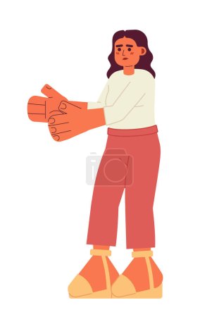 Téléchargez les illustrations : Femme hispanique debout personnage vecteur de couleur semi plat. Mains en l'air. Editable personne du corps entier sur blanc. Illustration simple de spot de dessin animé pour la conception graphique web - en licence libre de droit