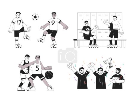Illustration for Team sport monochrome concept vector spot illustrations set. Playing football, basketball. Winning 2D flat bw cartoon characters for web UI design. Isolated editable hand drawn hero image collection - Royalty Free Image