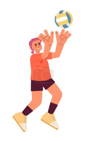 Illustration for Strong asian girl tossing ball semi flat color vector character. Playing volleyball. Training. Editable full body person on white. Simple cartoon spot illustration for web graphic design - Royalty Free Image