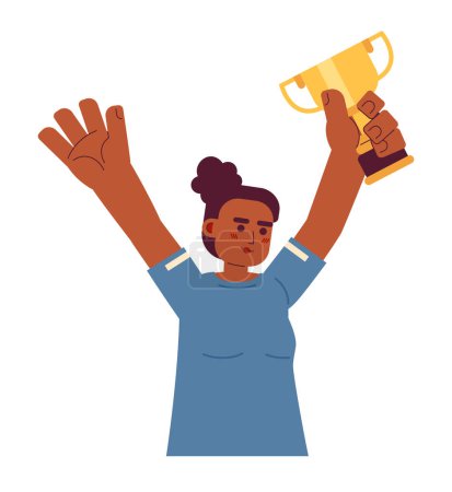 Illustration for Happy woman raising cup semi flat color vector character. Sportswoman celebrating victory. Teammate winning. Editable half body person on white. Simple cartoon spot illustration for web graphic design - Royalty Free Image