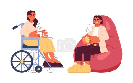 Illustration for Coffee break at work cartoon flat illustration. Wheelchair woman holding coffee, lady relaxing in bean chair 2D characters isolated on white background. Lunchtime diverse scene vector color image - Royalty Free Image