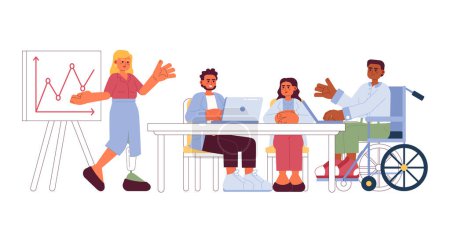 Illustration for Diversity people business cartoon flat illustration. Speaker woman with prosthetic leg, wheelchair colleague 2D characters isolated on white background. Office meeting scene vector color image - Royalty Free Image