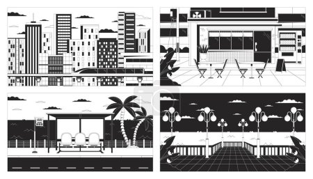 Illustration for Dusk city life black and white lo fi aesthetic wallpapers set. Urban storefront, bus stop, waterfront outline 2D vector cartoon cityscape illustrations collection, monochrome lofi background - Royalty Free Image