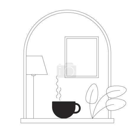 Illustration for Cozy window bw concept vector spot illustration. Hot drink cup and houseplant 2D cartoon flat line monochromatic object for web UI design. Editable isolated outline hero image - Royalty Free Image