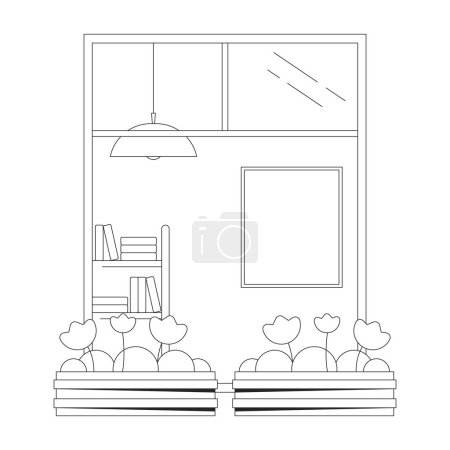 Illustration for Balcony window with flowers in pots bw concept vector spot illustration. Architecture 2D cartoon flat line monochromatic object for web UI design. Editable isolated outline hero image - Royalty Free Image