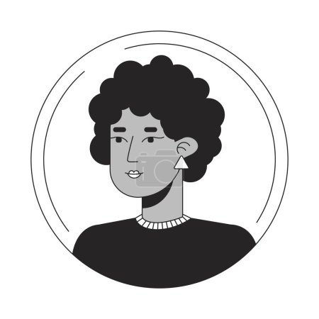 Téléchargez les illustrations : Femme afro aux cheveux foncés noir blanc dessin animé avatar icône. Cheveux bouclés. Joli visage. Portrait d'utilisateur de personnage 2D modifiable, illustration linéaire à plat. Profil vectoriel. Décrivez la personne tête et épaules - en licence libre de droit