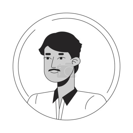 Illustration for Handsome indian man with mustache black white cartoon avatar icon. Shirt collar. Editable 2D character user portrait, linear flat illustration. Vector face profile. Outline person head and shoulders - Royalty Free Image