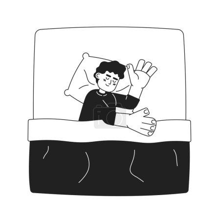 Illustration for Cute child sleeping in bed monochromatic flat vector character. Cover with blanket. Editable thin line full body person on white. Simple bw cartoon spot image for web graphic design - Royalty Free Image