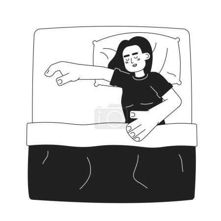 Ilustración de Mujer latina cansada durmiendo personaje monocromático vector plano. Acostado en la almohada. Cubrir con manta. Editable persona de cuerpo completo de línea delgada en blanco. Simple imagen spot de dibujos animados bw para el diseño gráfico web - Imagen libre de derechos