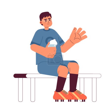 Ilustración de Hombre asiático sentado y sosteniendo agua semi plana vector de color carácter. Jugador de fútbol en uniforme. Persona de cuerpo completo editable en blanco. Ilustración simple de dibujos animados para el diseño gráfico web - Imagen libre de derechos