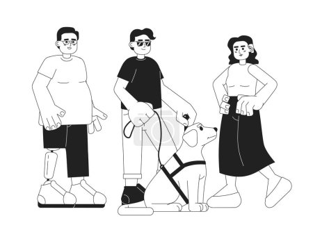 Illustration for Disabilities diversity black and white cartoon flat illustration. Blind man with guide dog, man prosthetic leg, hearing aid woman linear 2D characters isolated. Monochromatic scene vector image - Royalty Free Image