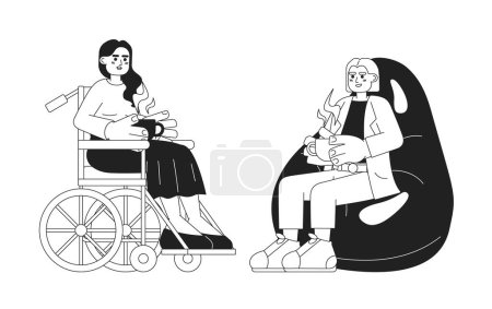 Illustration for Coffee break at work black and white cartoon flat illustration. Wheelchair woman with coffee, lady relaxing in bean chair linear 2D characters isolated. Lunch diverse monochromatic scene vector image - Royalty Free Image