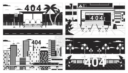Illustration for Dusk city black white error 404 flash message set. Storefront, bus stop, waterfront. Not found cartoon image pack, dreamy vibes. Monochrome vector flat illustrations with 90s retro background - Royalty Free Image