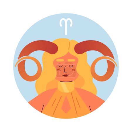 Illustration for Aries zodiac sign flat round vector spot illustration. Blonde woman with twisted horns 2D cartoon character on white for web UI design. Astrology isolated editable creative hero image - Royalty Free Image