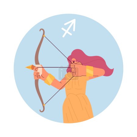 Illustration for Archery flat round vector spot illustration. Brave woman holding bow 2D cartoon character on white for web UI design. Sagittarius zodiac isolated editable creative hero image - Royalty Free Image