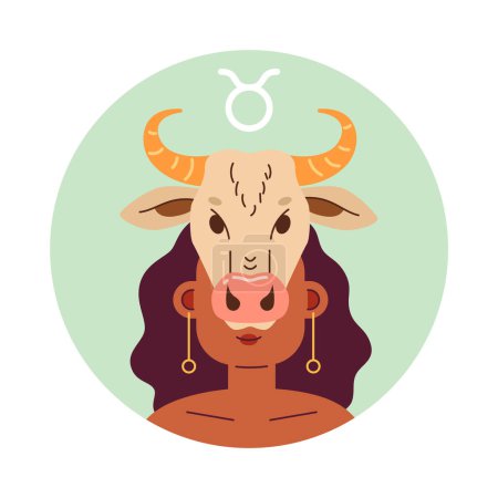 Illustration for Taurus zodiac flat round vector spot illustration. Cow skull on woman face 2D cartoon character on white for web UI design. Astrology isolated editable creative hero image - Royalty Free Image