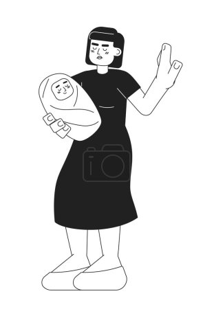Illustration for Woman stop gesture monochromatic flat vector character. Asian mother holding baby. Editable thin line full body person on white. Simple bw cartoon spot image for web graphic design - Royalty Free Image