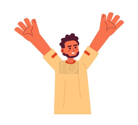 Ilustración de Hombre indio feliz levantando mano semi plana color vector carácter. Emociones positivas. Ganando. Persona de medio cuerpo editable en blanco. Ilustración simple de dibujos animados para el diseño gráfico web - Imagen libre de derechos