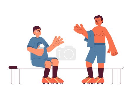 Illustration for Sportsmen communicate flat concept vector spot illustration. Man in uniform sitting, boy without shirt. Teammate 2D cartoon characters on white for web UI design. Isolated editable creative hero image - Royalty Free Image