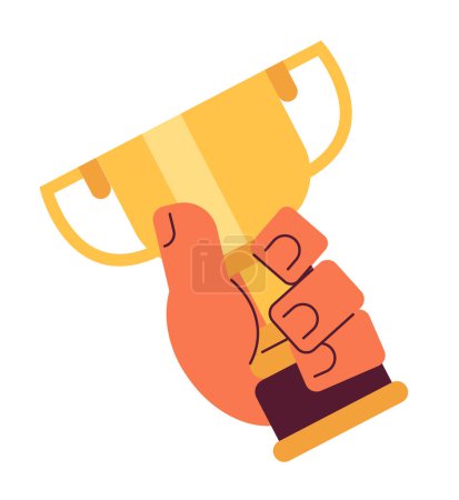 Illustration for Holding golden cup award semi flat colour vector hand. Prize. Trophy for championship. Editable cartoon clip art icon on white background. Simple spot illustration for web graphic design - Royalty Free Image