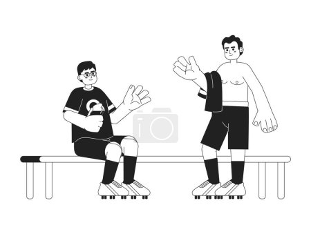 Illustration for Sportsmen communicate monochrome concept vector spot illustration. Man in sitting, boy without shirt. Teammate 2D flat bw cartoon characters for web UI design. Isolated editable hand drawn hero image - Royalty Free Image