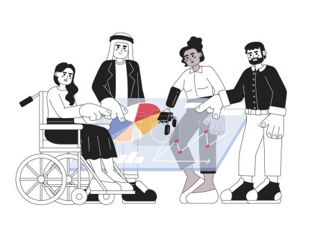 Illustration for Collaboration co-workers black and white cartoon flat illustration. Diverse office team. Business people whiteboard linear 2D characters isolated. Corporate employees monochromatic scene vector image - Royalty Free Image